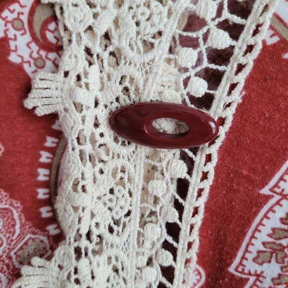 HoneyLee Boho Paisley Print Crochet Lace Open Front With Button Pin Cardigan Top - Picture 3 of 7